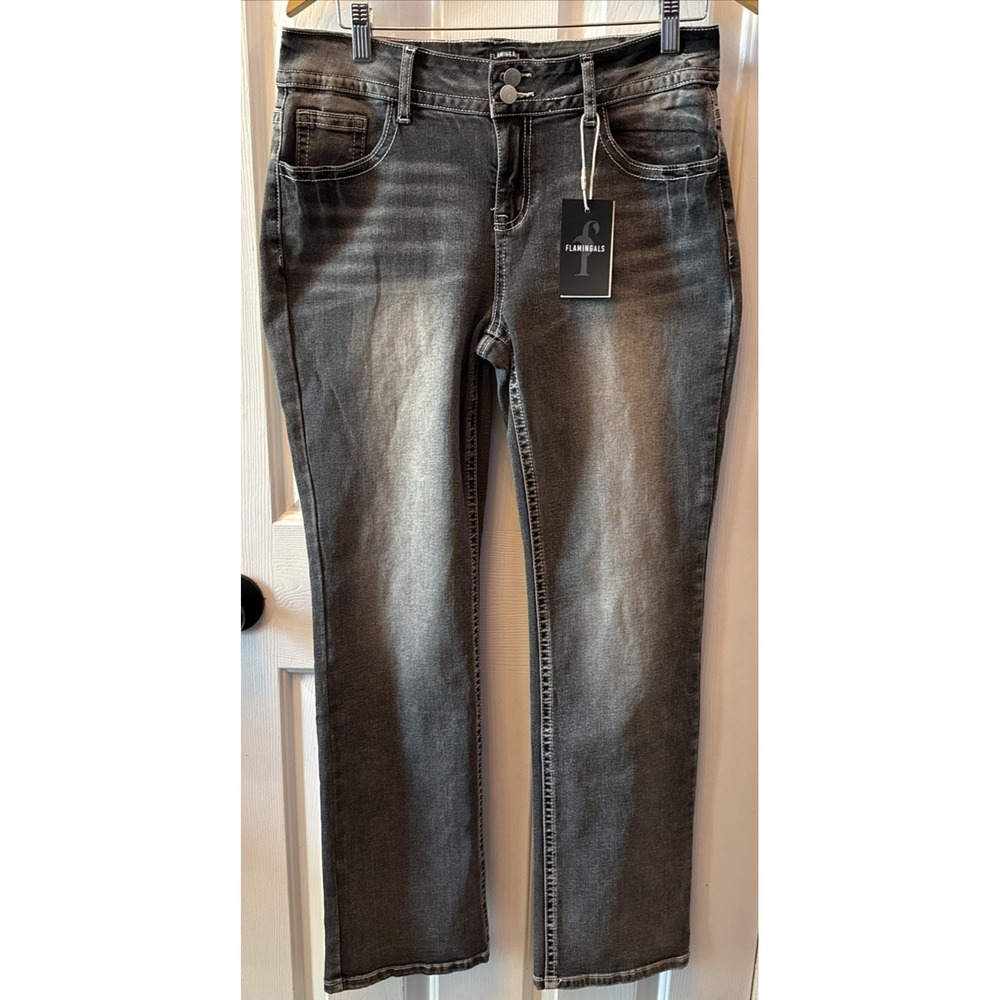 Flamingals Black Straight Leg Jeans Womens XL New With Tags Distressed Denim NWT